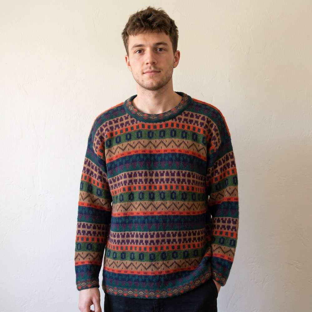 Artesanias del Inka Mens Sweater XL Multi Geometric Alpaca Boho Vintage 90s